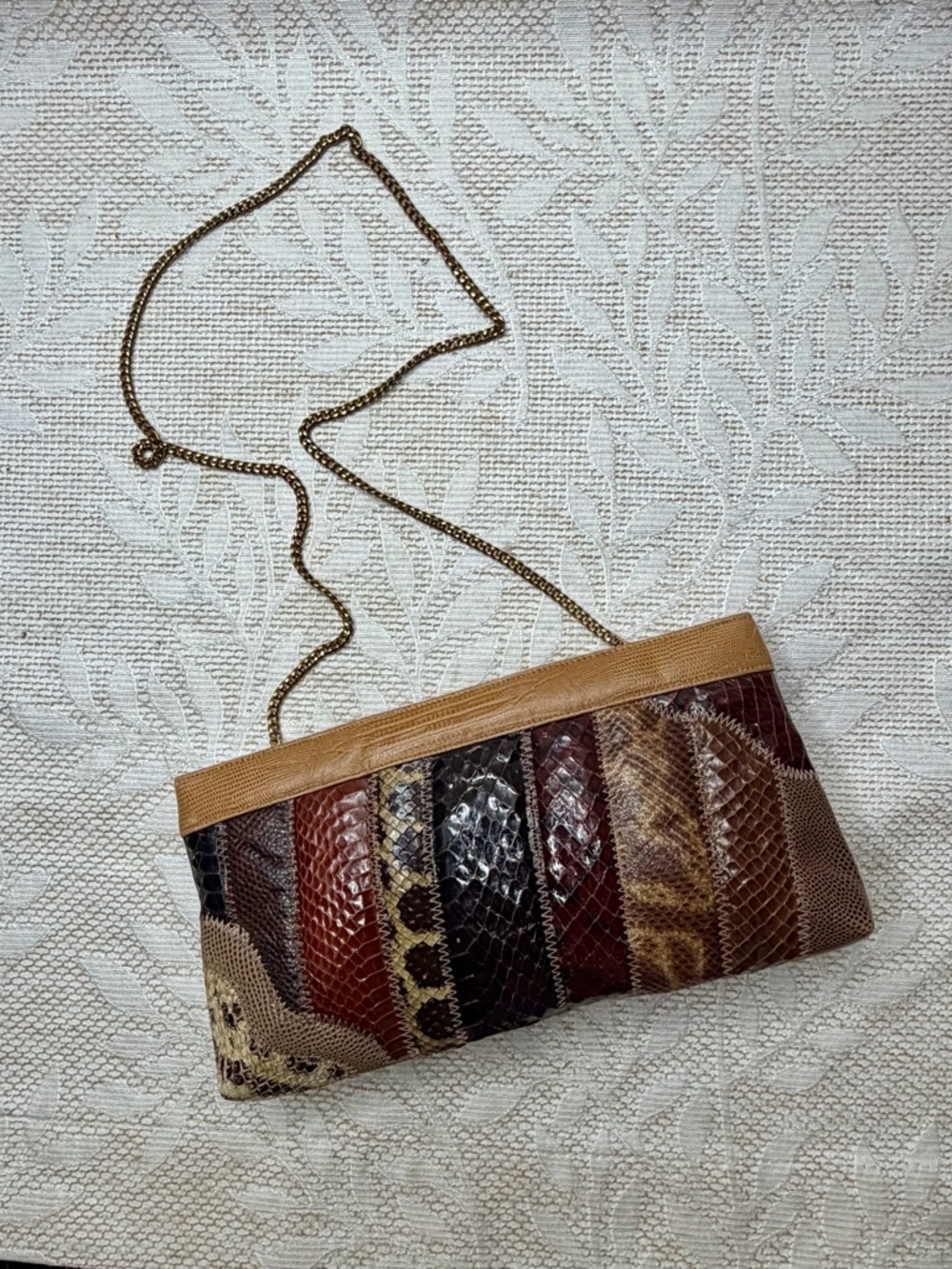 Bags by Supreme Vibtage Patchwork Snake-Embossed Crossbody Clutch - Tan & Brown